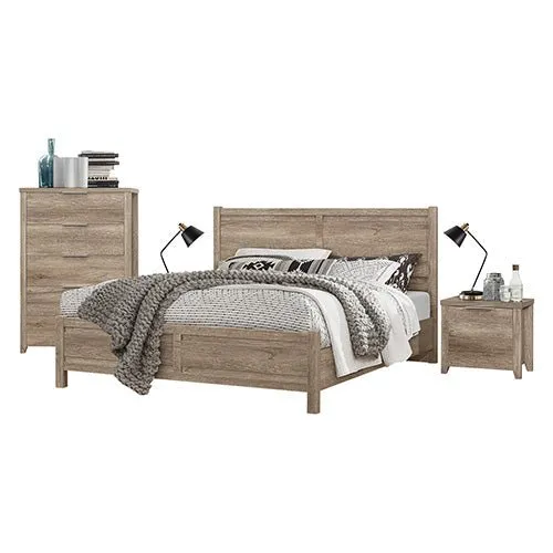 5 Pieces Bedroom Suite Natural Wood Like MDF Structure Queen Size Oak Colour Bed, Bedside Table, Tallboy & Dresser