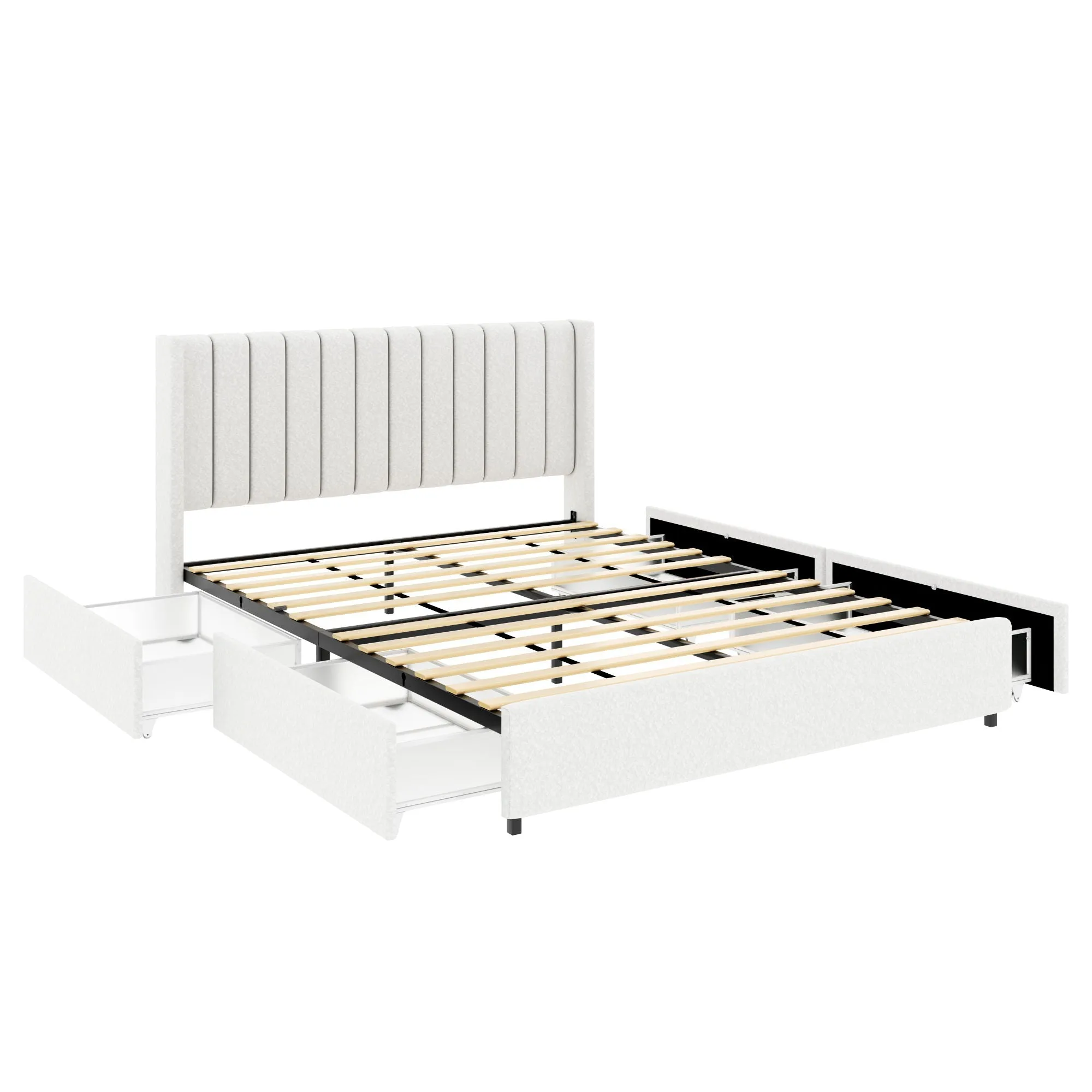 Anda - Boucle Upholstered Platform Bed With Patented Drawers Storage - Ivory by Couch.com