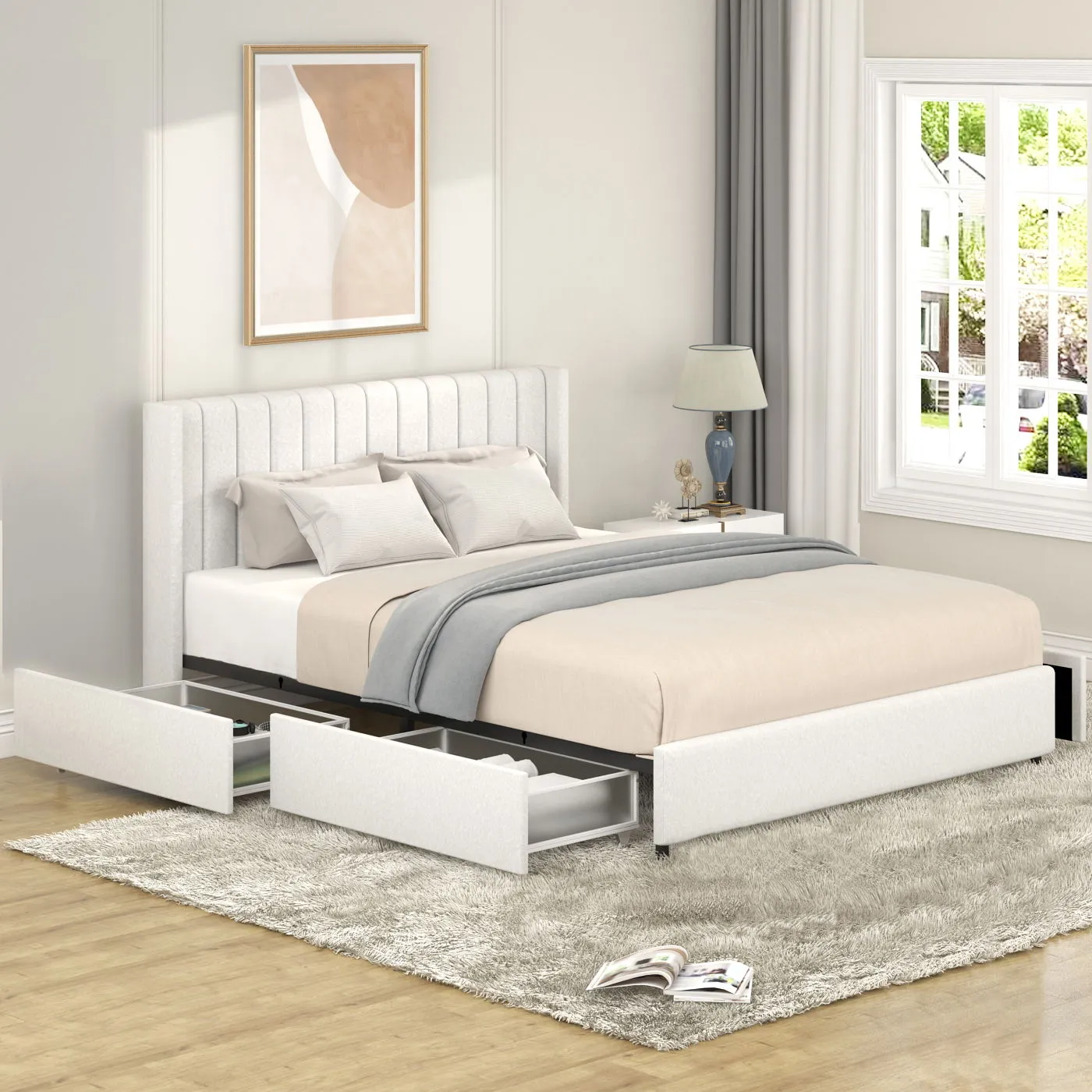 Anda - Boucle Upholstered Platform Bed With Patented Drawers Storage - Ivory by Couch.com