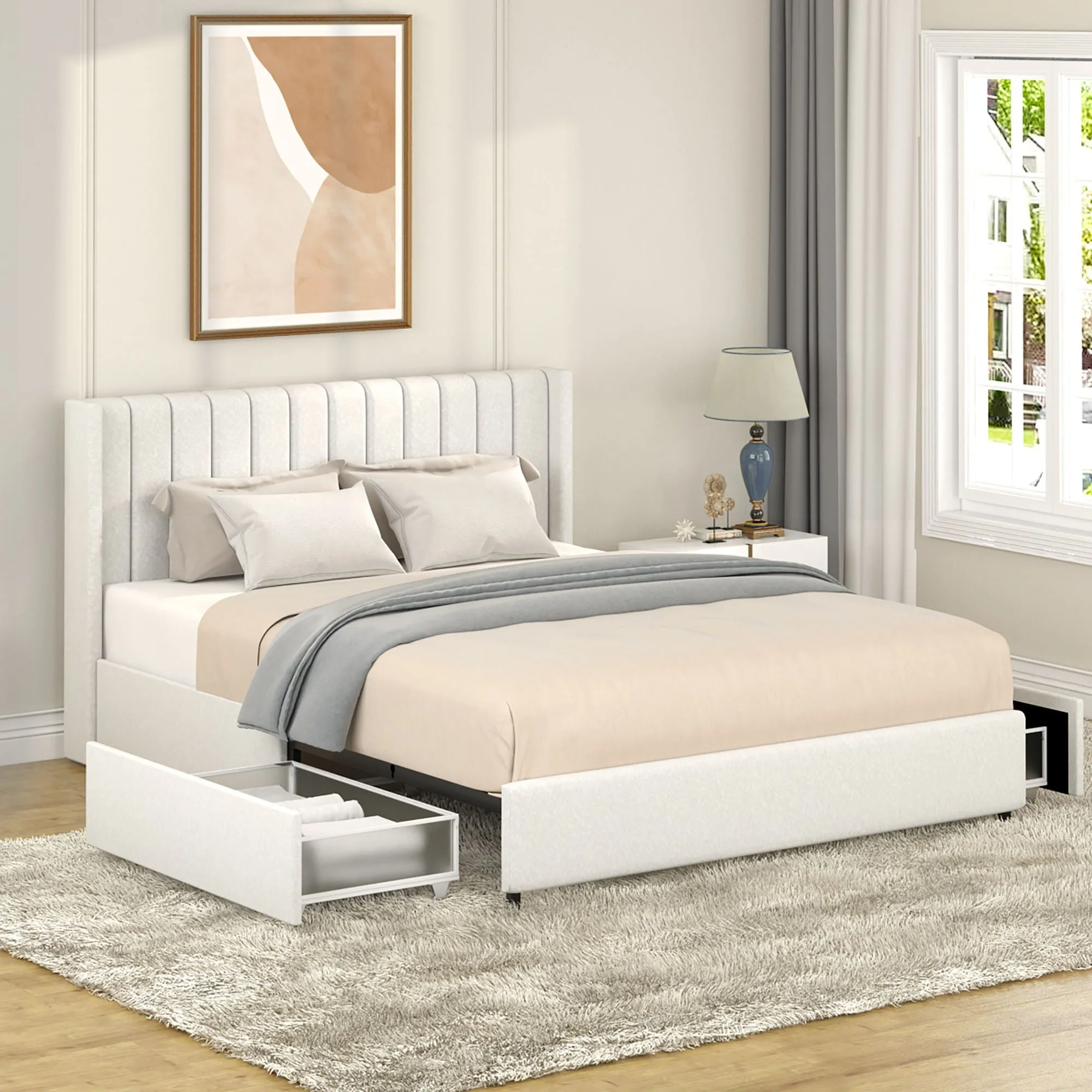 Anda - Boucle Upholstered Platform Bed With Patented Drawers Storage - Ivory by Couch.com