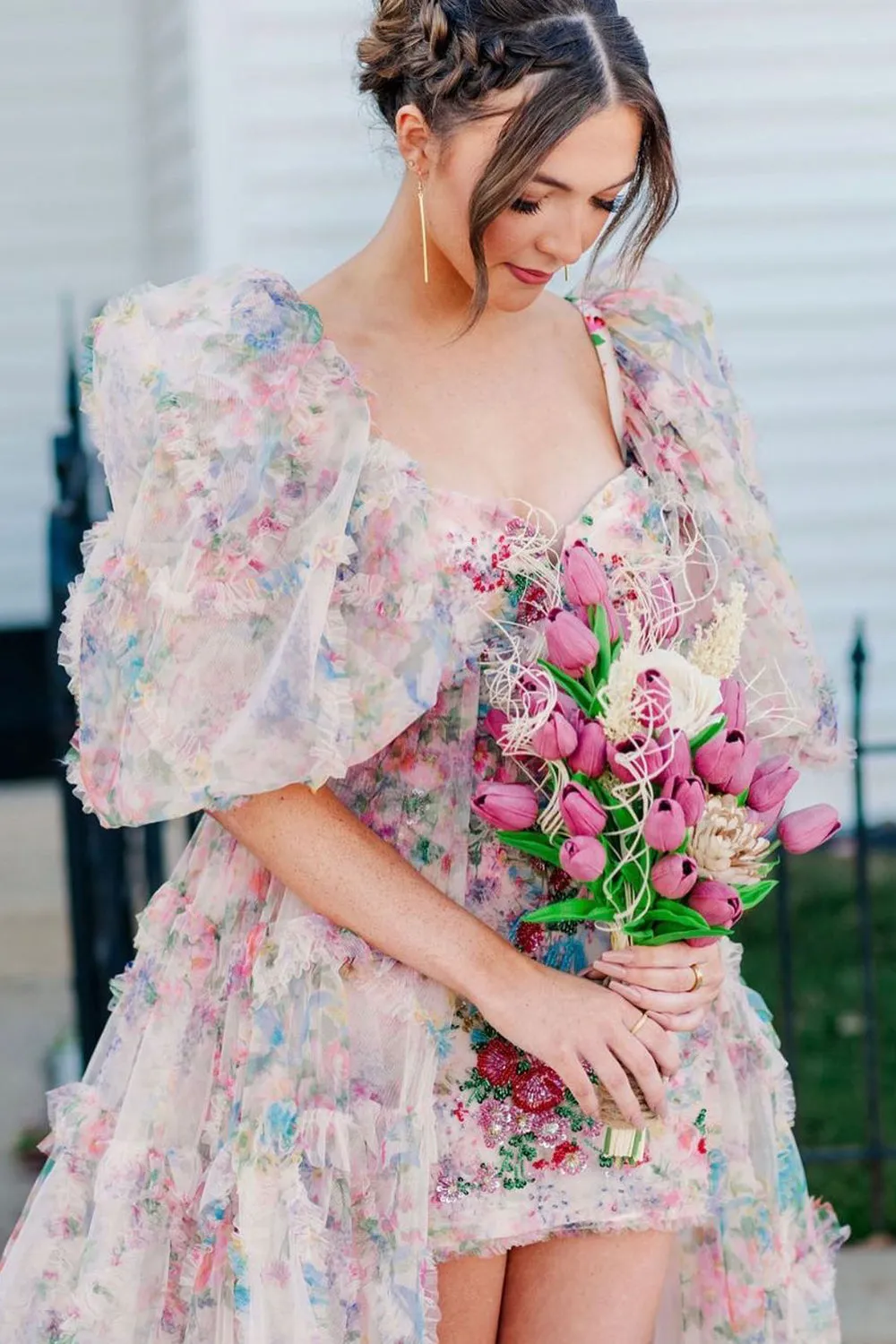 Cute High-Low Sweetheart Floral Printed Fairy Prom Dress