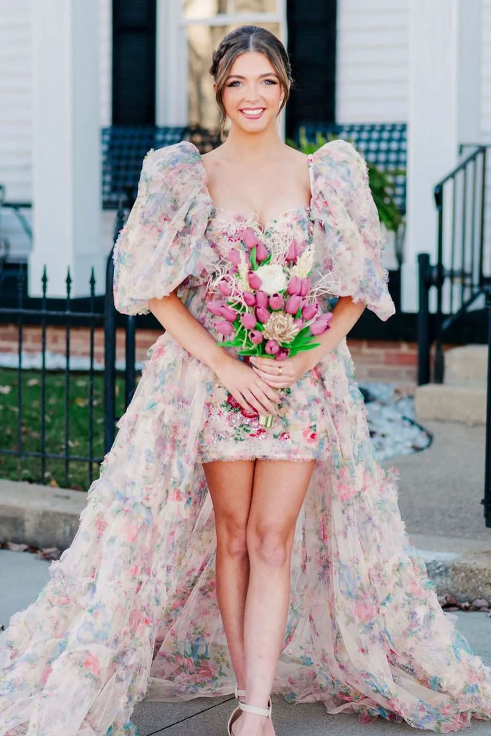 Cute High-Low Sweetheart Floral Printed Fairy Prom Dress