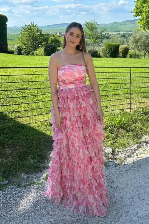 Fairy A Line Strapless Floral Tulle Tiered Prom Dress VK020104