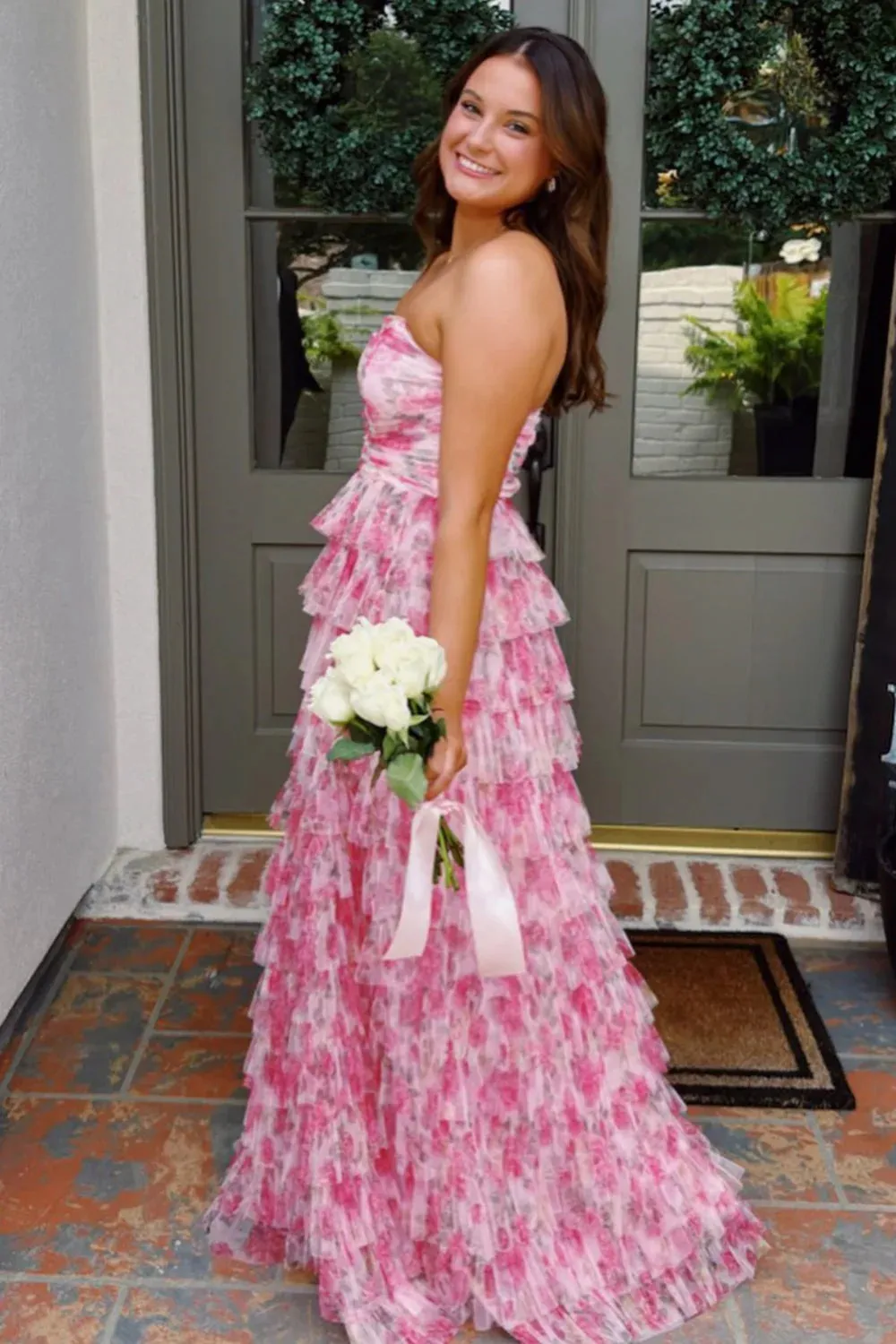 Fairy A Line Strapless Floral Tulle Tiered Prom Dress VK020104