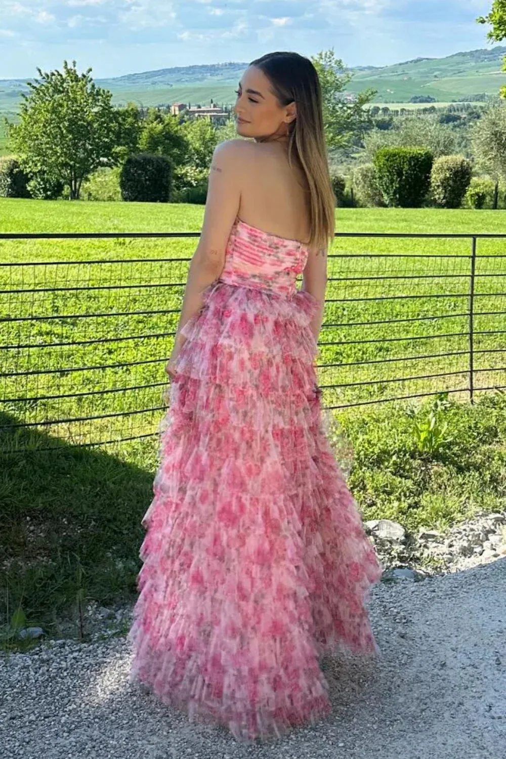 Fairy A Line Strapless Floral Tulle Tiered Prom Dress VK020104