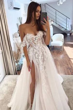 Fairy A Line Sweetheart Tulle Wedding Dresses with Appliques VK0731106