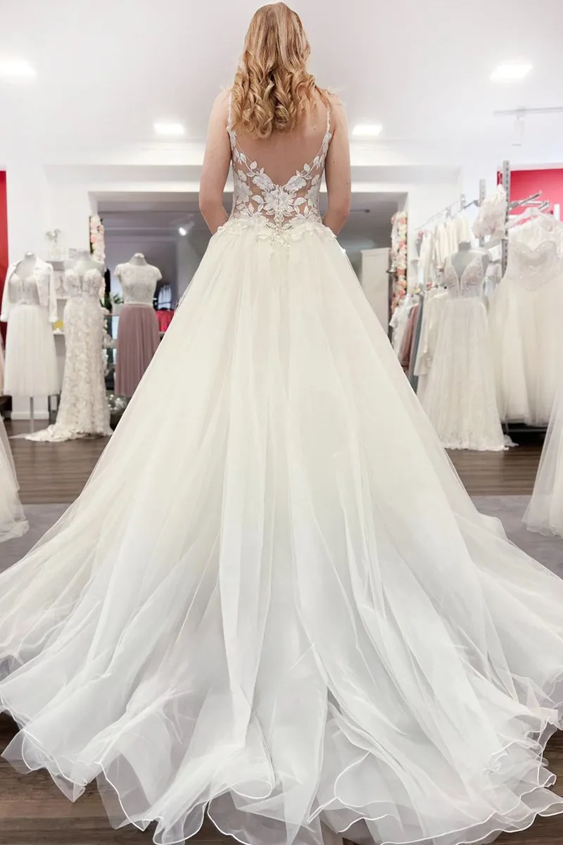 Fairy Ball Gown V Neck Tulle Wedding Dresses with Appliques VK073197