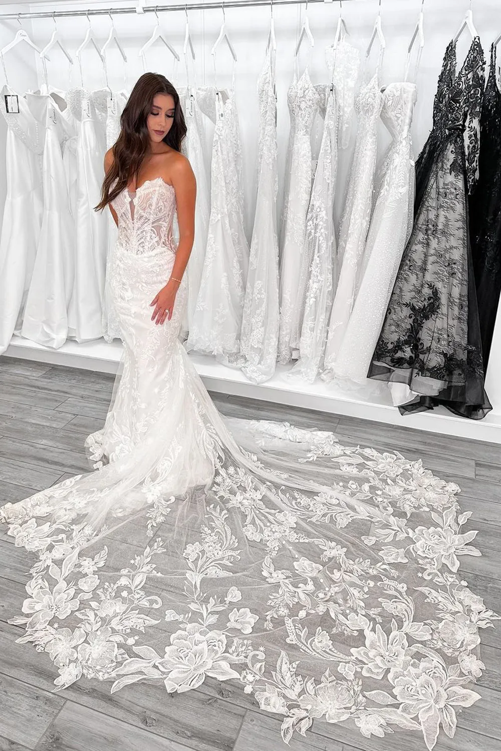 Fairy Mermaid V Neck Lace Wedding Dresses with Train VK24102802