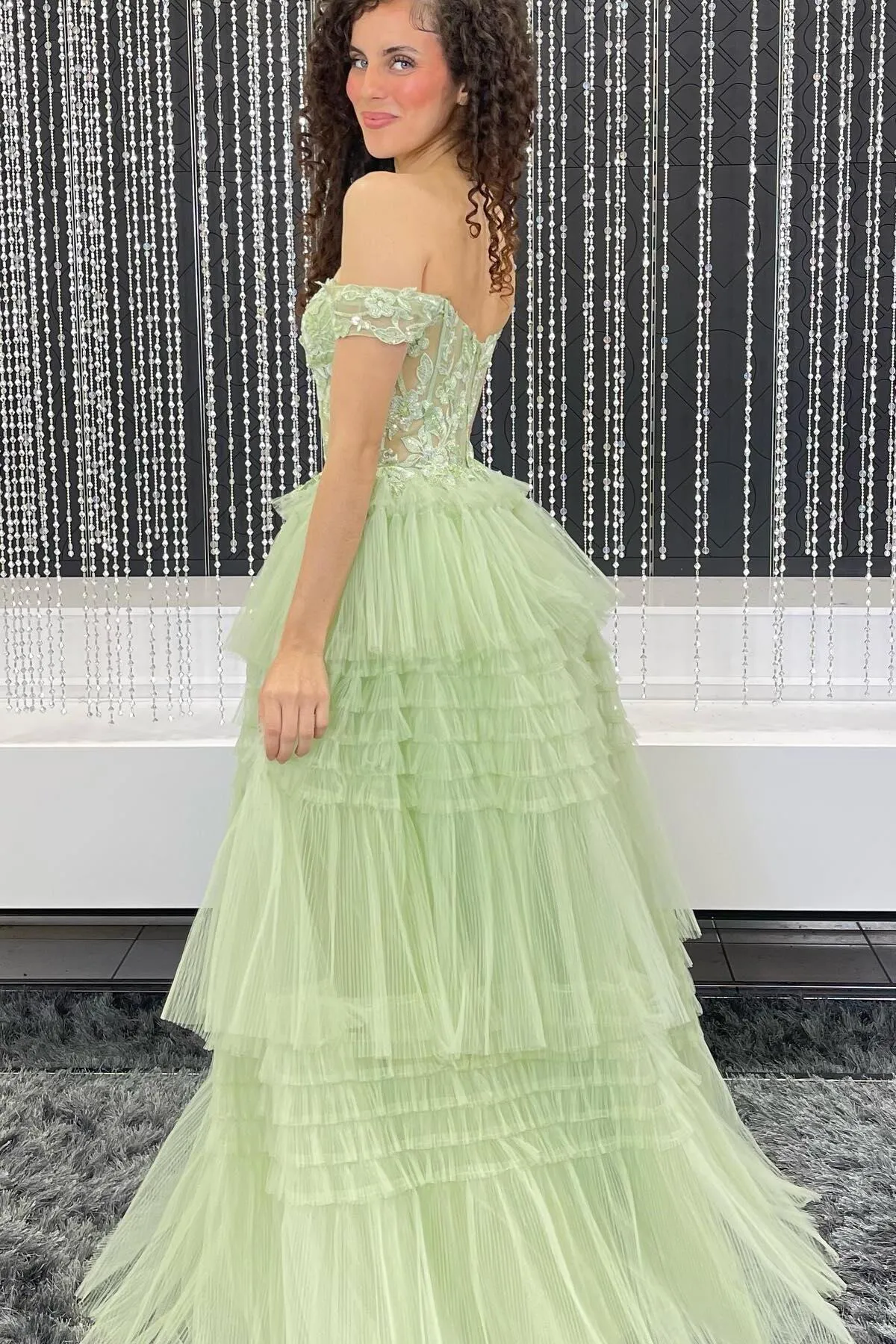 Fairy Off the Shoulder Light Blue Tiered Tulle Prom Dress