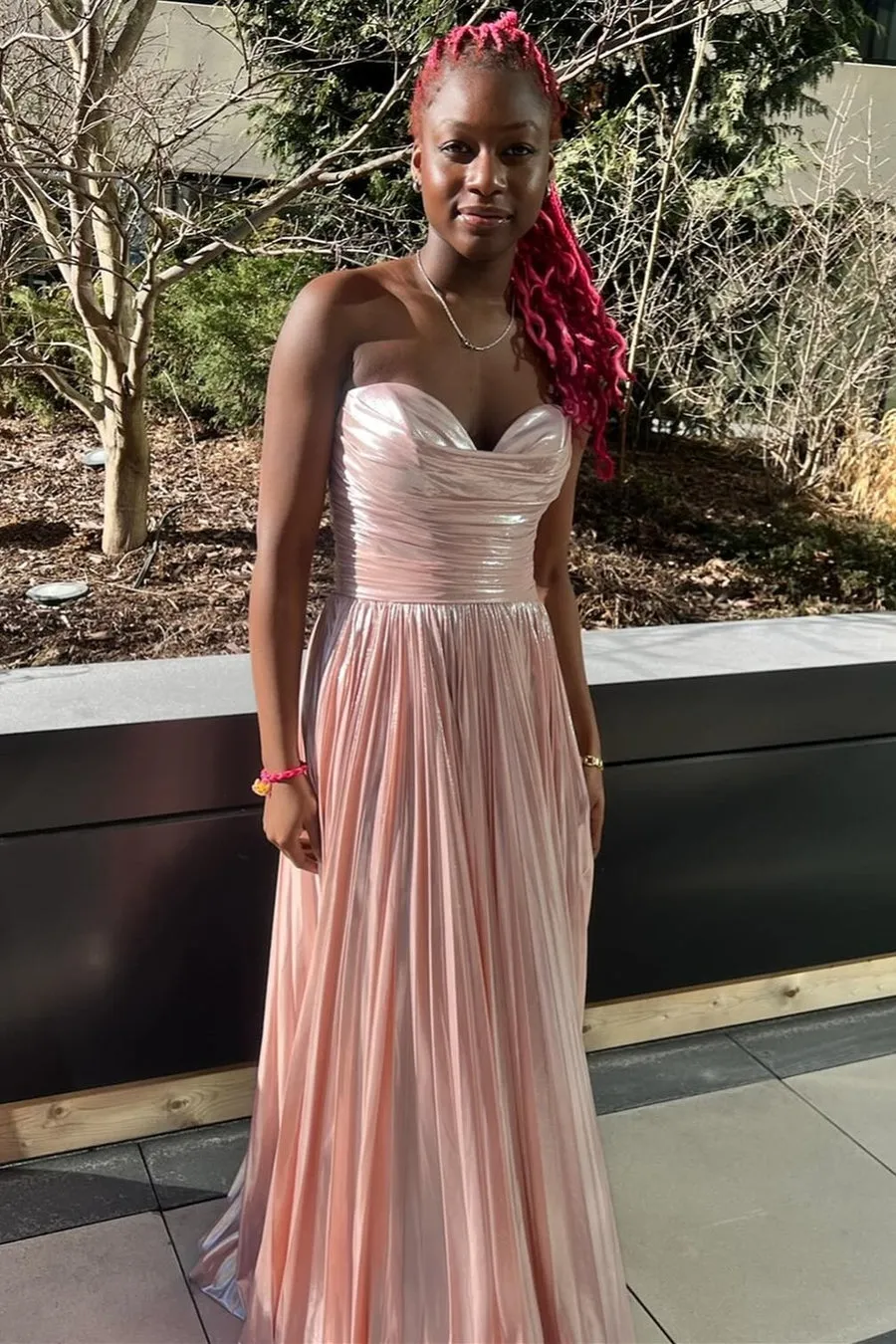 Fashion A Line Strapless Metallic Satin Pleated Prom Dresses with Slit