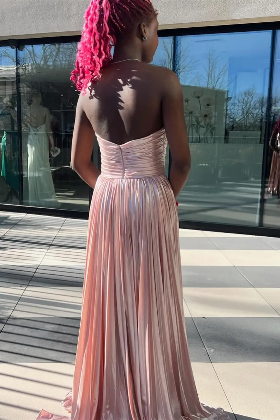 Fashion A Line Strapless Metallic Satin Pleated Prom Dresses with Slit