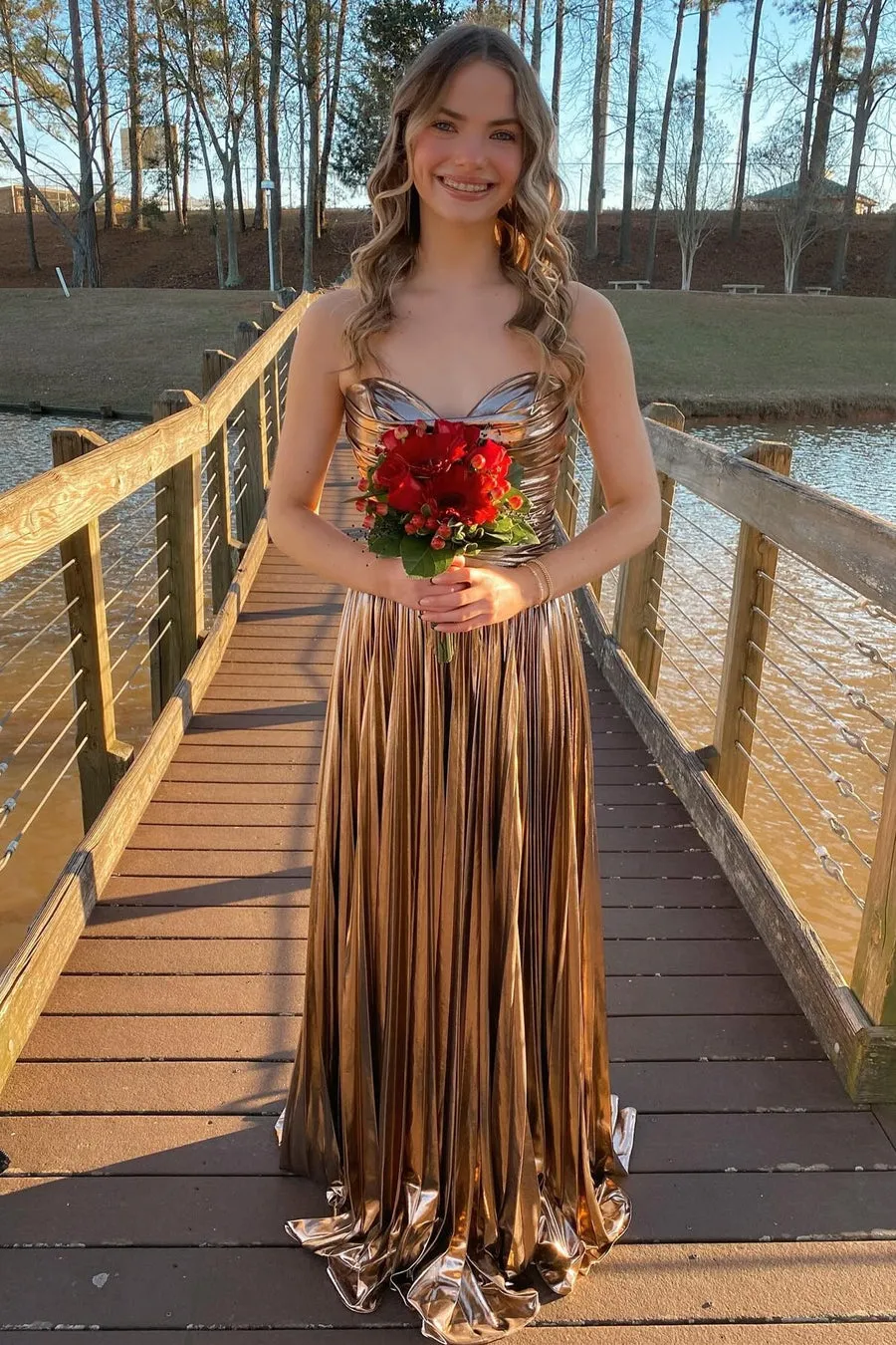 Fashion A Line Strapless Metallic Satin Pleated Prom Dresses with Slit