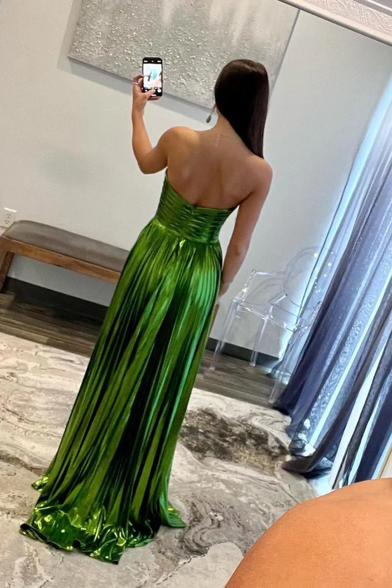 Fashion A Line Strapless Metallic Satin Pleated Prom Dresses with Slit