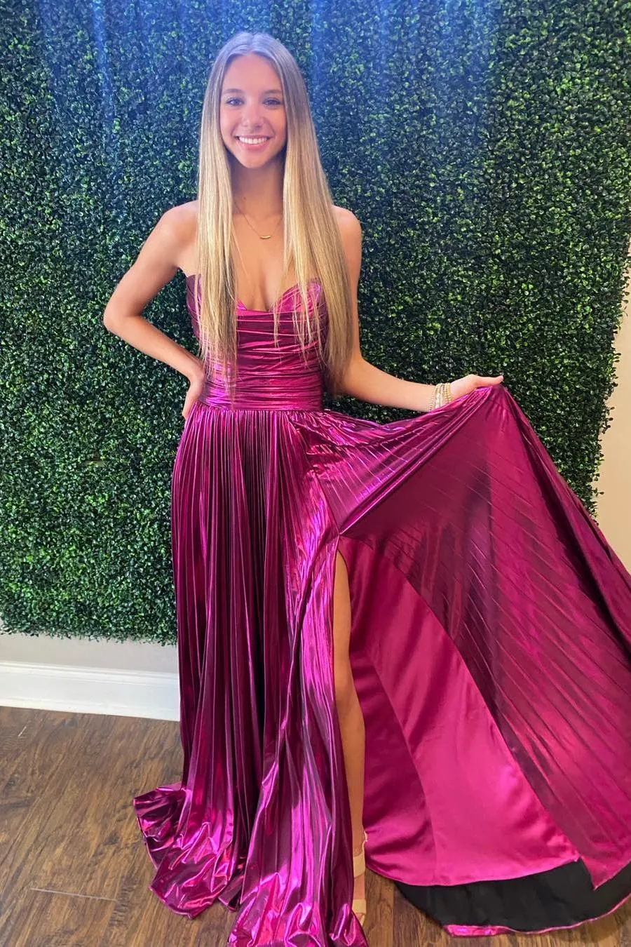 Fashion A Line Strapless Metallic Satin Pleated Prom Dresses with Slit