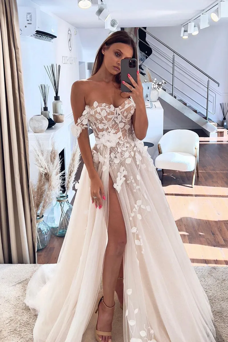 Fashion Ball Gown Off the Shoulder Tulle Wedding Dresses with 3D Appliques VK0731102