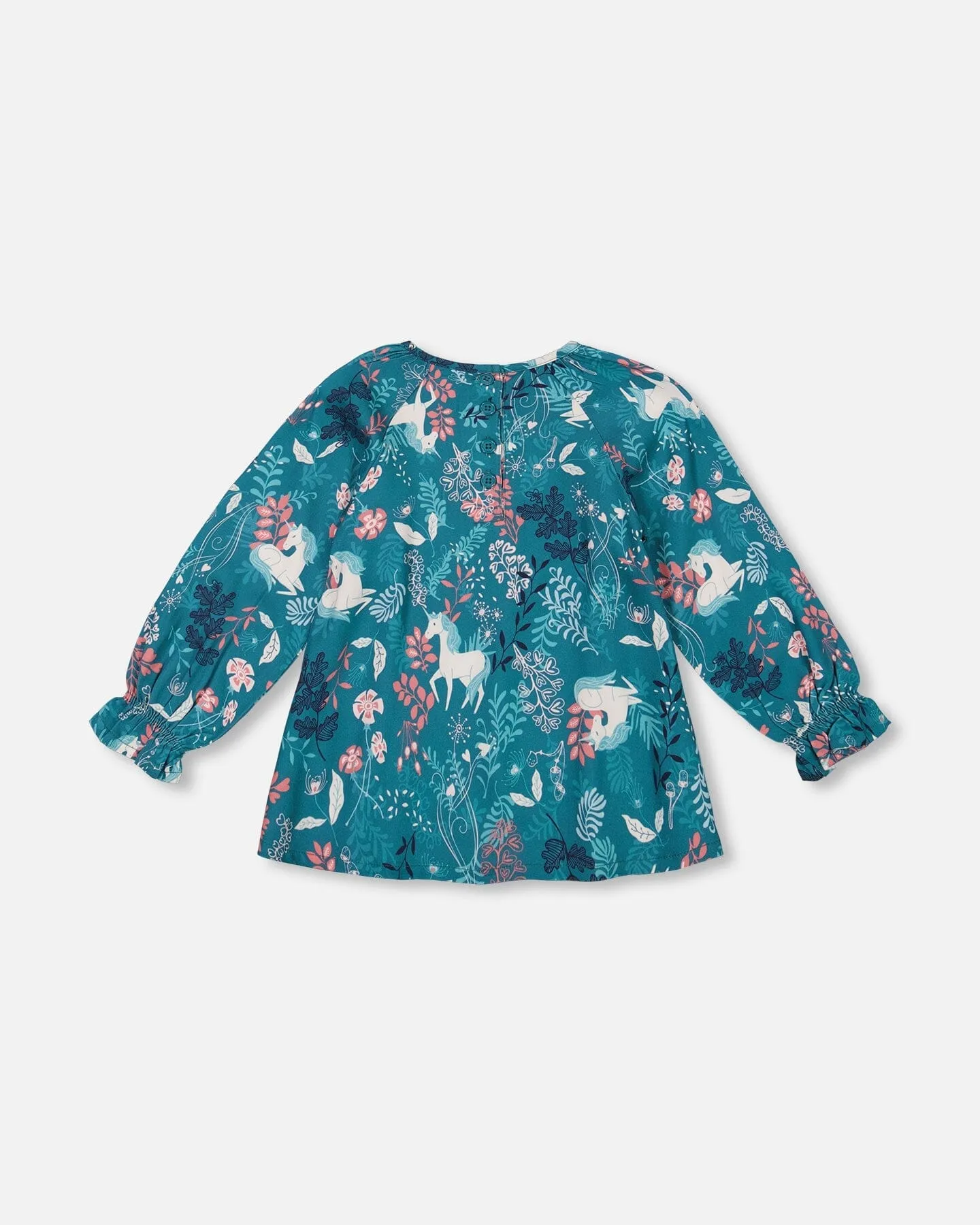 Long Sleeve Viscose Blouse Turquoise Printed Fairy Unicorn