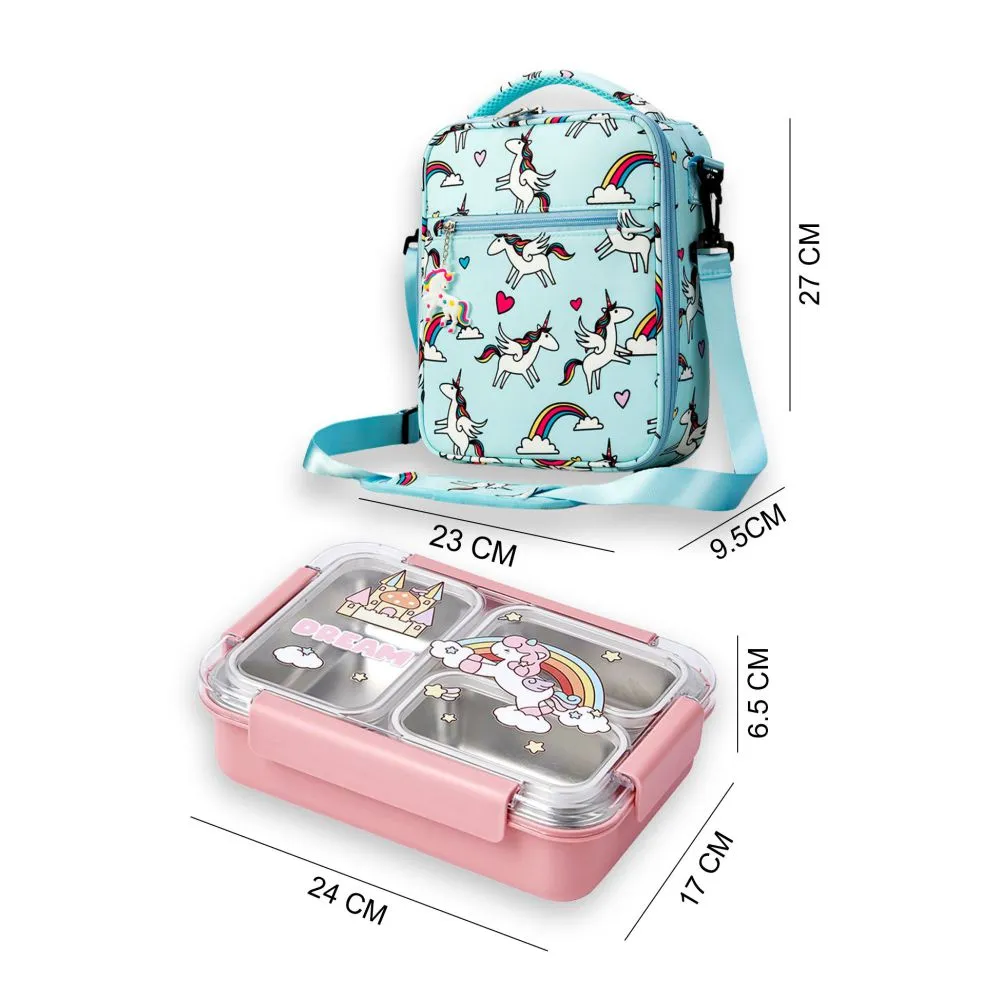 Princess Magic stainless Steel Kids Tiffin/ Lunch Box with matching Mint Green Lunch Bag