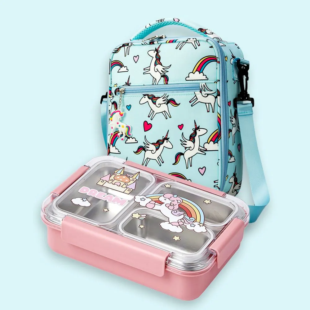 Princess Magic stainless Steel Kids Tiffin/ Lunch Box with matching Mint Green Lunch Bag