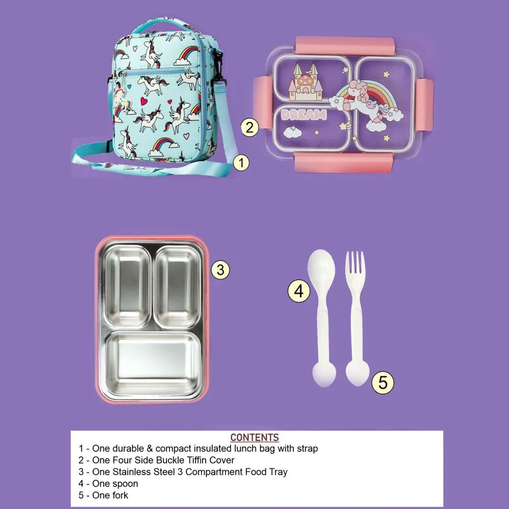 Princess Magic stainless Steel Kids Tiffin/ Lunch Box with matching Mint Green Lunch Bag