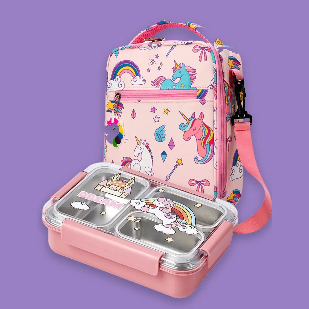 Princess Magic stainless Steel Kids Tiffin/ Lunch Box with matching Pink Lunch Bag