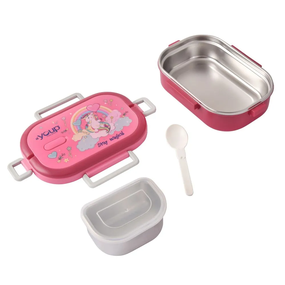 Youp Stainless Steel Pink Color Unicorn Theme Kids Lunch Box Carry - 700 Ml