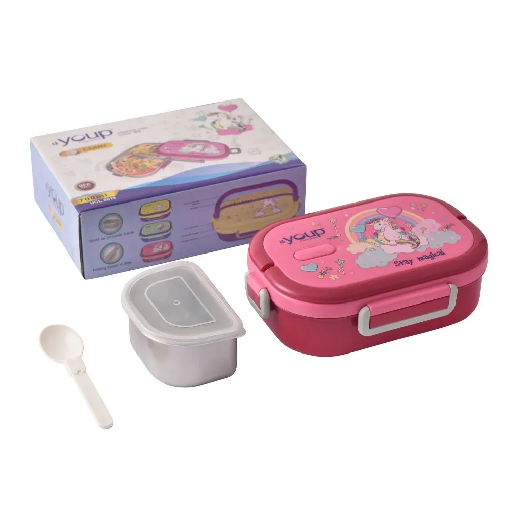 Youp Stainless Steel Pink Color Unicorn Theme Kids Lunch Box Carry - 700 Ml